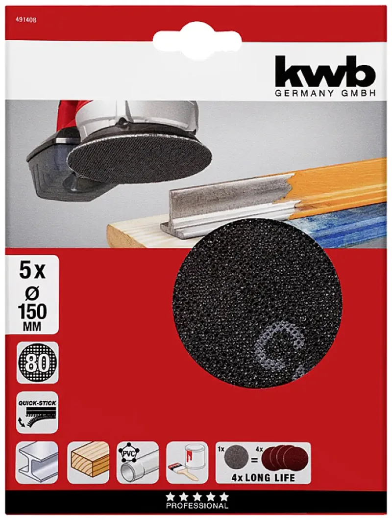 kwb 491408 Schuurpapier voor schotelschuurapparaat Korrelgrootte (num) 80 (Ø) 150 mm 5 stuk(s) van KWB – productafbeelding 3 van 3