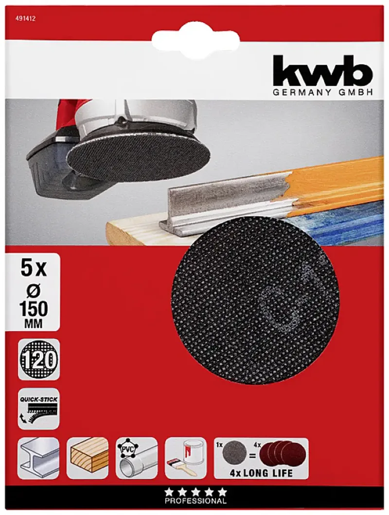 kwb 491412 Schleifpapier für Tellerschleifgerät Körnung (num) 120 (Ø) 150 mm 5 St. fra KWB – produktbillede 3 af 3