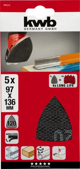 kwb 492212 Grille abrasive pour ponceuse delta Grain 120 (L x l) 136 mm x 97 mm 5 pc(s) de KWB – image du produit 3 sur 3