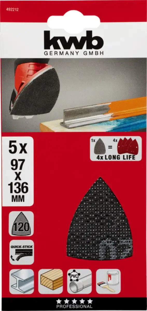 kwb 492212 Grille abrasive pour ponceuse delta Grain 120 (L x l) 136 mm x 97 mm 5 pc(s) de KWB – image du produit 3 sur 3
