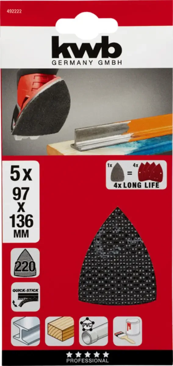 kwb 492222 Grille abrasive pour ponceuse delta Grain 220 (L x l) 136 mm x 97 mm 5 pc(s) de KWB – image du produit 3 sur 3