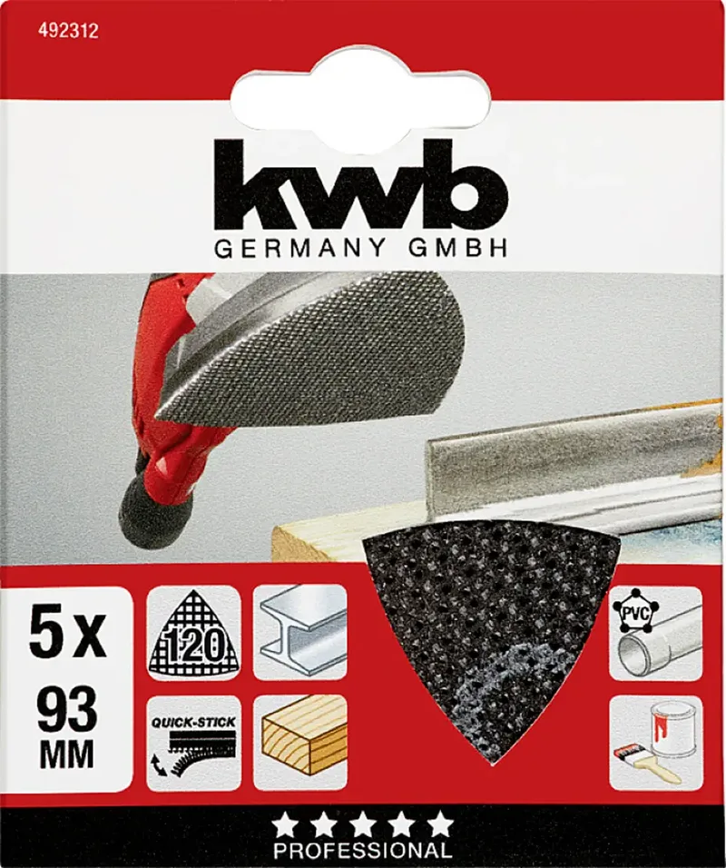 kwb 492312 Grille abrasive pour ponceuse delta Grain 120 (L x l) 93 mm x 93 mm 5 pc(s) de KWB – image du produit 3 sur 3