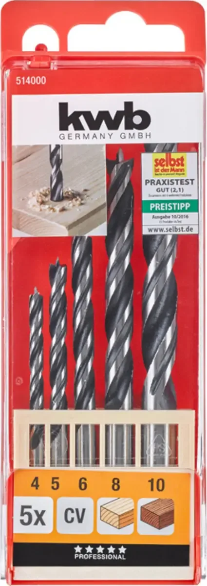 kwb 514000 Holz-Spiralbohrer-Set 5teilig 4 mm, 5 mm, 6 mm, 8 mm, 10 mm 5 St. von KWB – Produktbild 3 von 3