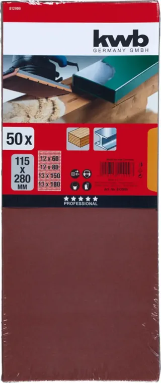 kwb 812999 Schuurpapier Korrelgrootte (num) 60, 80, 120, 180 (l x b) 280 mm x 115 mm 50 stuk(s) by KWB – product image 2 of 2