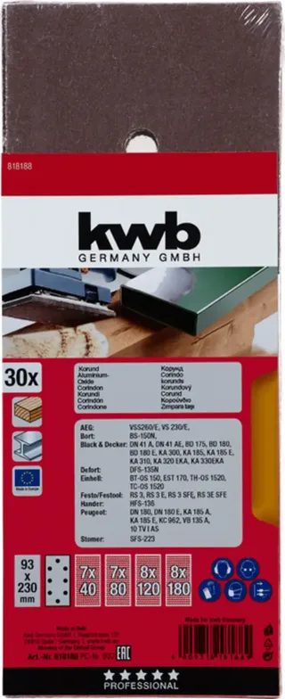 kwb 818188 Schuurpapier Korrelgrootte (num) 60, 80, 120, 180 (l x b) 230 mm x 93 mm 30 stuk(s) de KWB – image du produit 3 sur 3