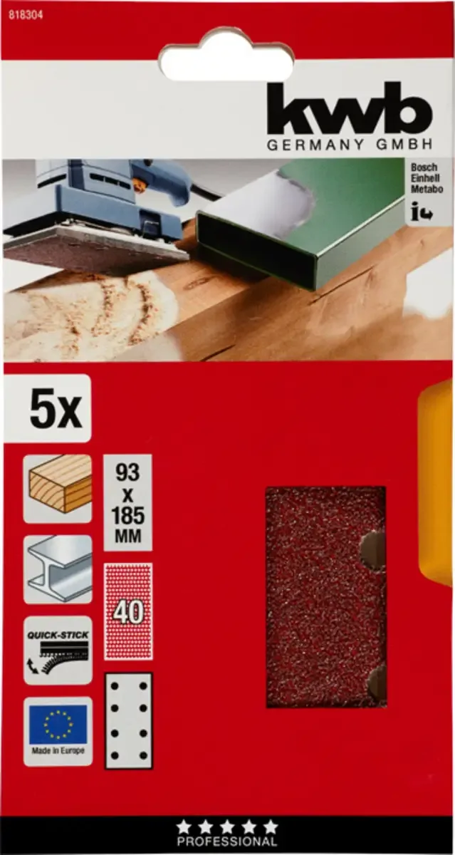 kwb 818304 Schleifpapier Körnung (num) 40 (L x B) 185 mm x 93 mm 5 St. de KWB – image du produit 3 sur 3