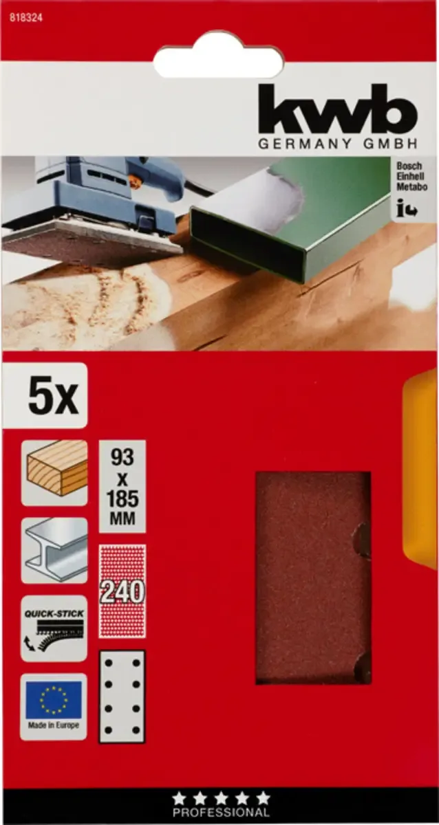 kwb 818324 Papier abrasif Grain 240 (L x l) 185 mm x 93 mm 5 pc(s) de KWB – image du produit 3 sur 3