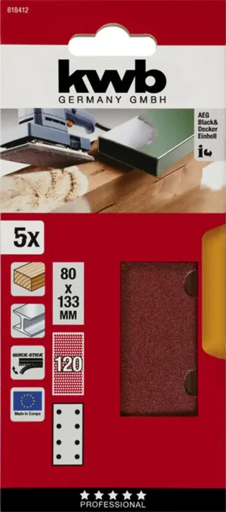 kwb 818412 Schleifpapier Körnung (num) 120 (L x B) 133 mm x 80 mm 5 St. de KWB – image du produit 3 sur 3