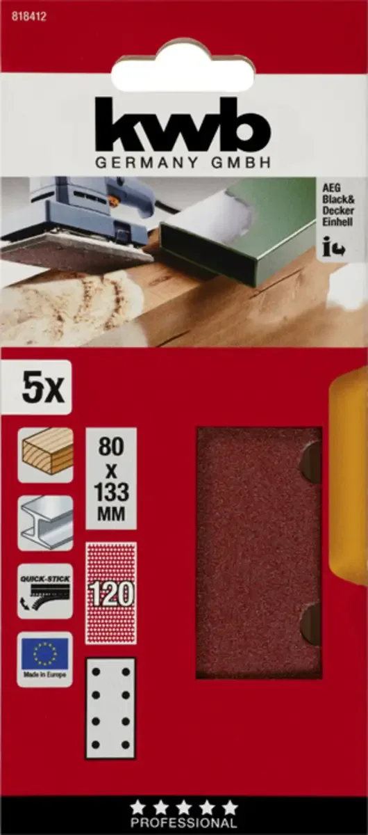 kwb 818412 Schleifpapier Körnung (num) 120 (L x B) 133 mm x 80 mm 5 St. de KWB – image du produit 3 sur 3