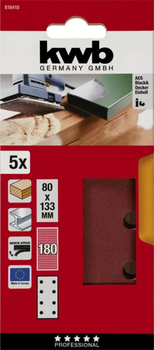kwb 818418 Papier abrasif Grain 180 (L x l) 133 mm x 80 mm 5 pc(s) de KWB – image du produit 3 sur 3