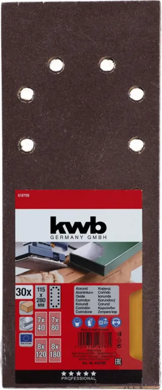 kwb 818788 Schuurpapier Korrelgrootte (num) 60, 80, 120, 180 (l x b) 280 mm x 115 mm 30 stuk(s) de KWB – image du produit 2 sur 2