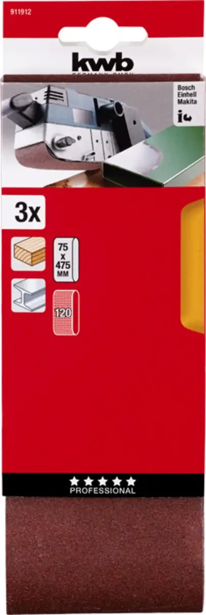 kwb 911912 Schleifband-Set Körnung (num) 120 (L x B) 457 mm x 75 mm 3 St. de KWB – image du produit 3 sur 3