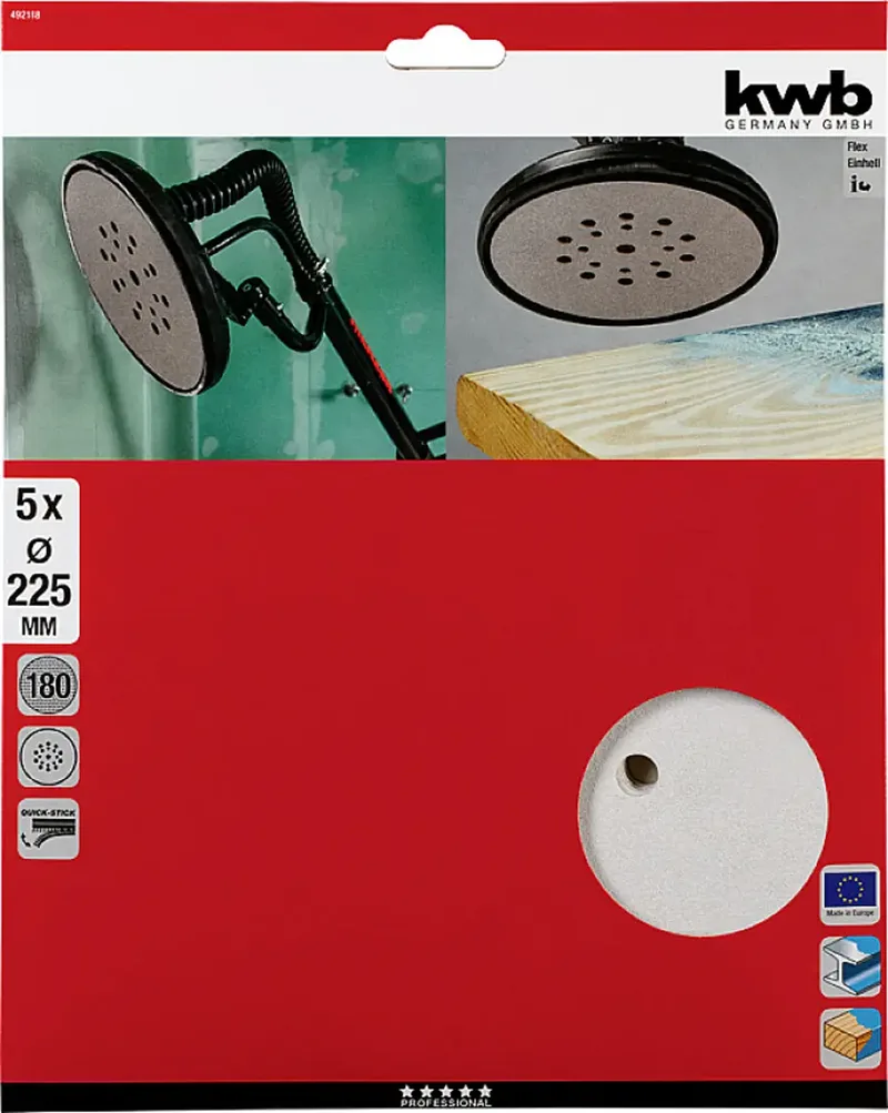 Quick-Stick schuurschijf - voor langnekschuurmachines K 180 225 mm Ø, stearaatcoating, geperforeerd met klittenband von KWB – Produktbild 3 von 3