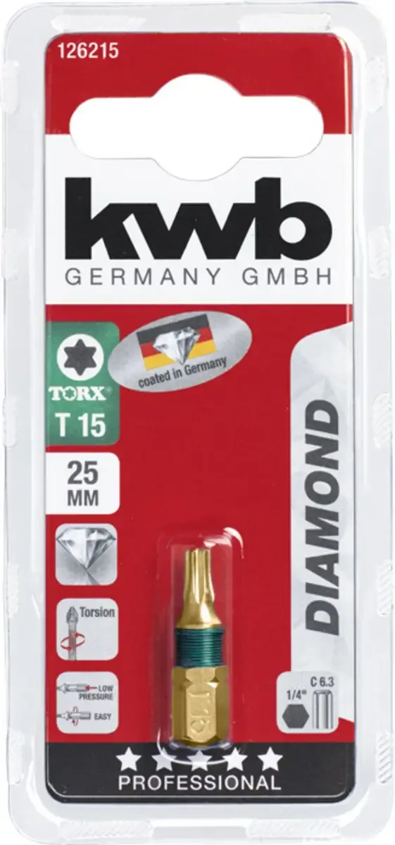 schroefbit T 15 - Torx 15 - Diamond - Lengte 25 mm - 1/4" schacht - 126215 by KWB – product image 3 of 3