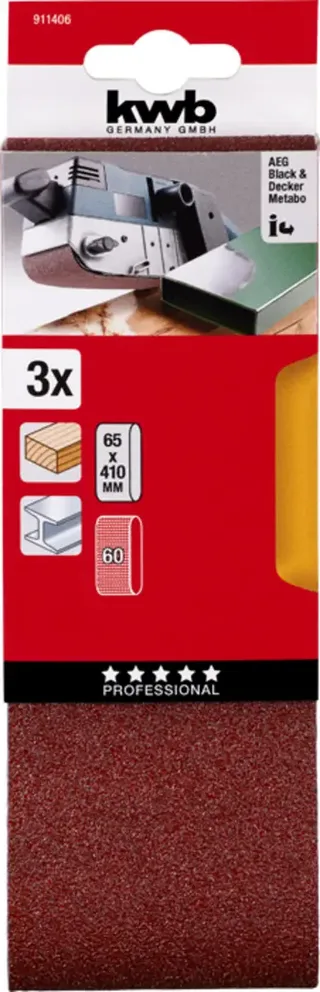 schuurband 65 x 410 mm - Korrel 60 - 911406 - 3 stuks fra KWB – produktbillede 3 af 3