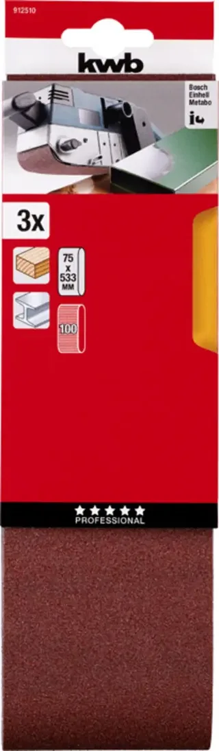 schuurband 75 x 533 mm - Korrel 100 - 912510 - 3 stuks de KWB – image du produit 3 sur 3