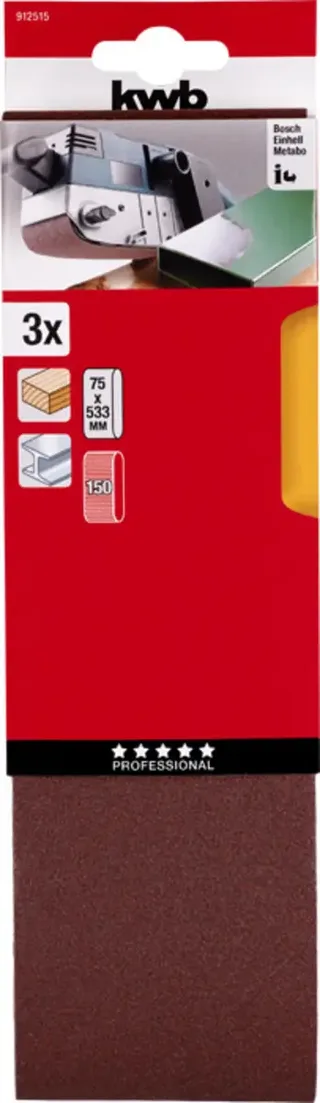 kwb 912515 Slibebånd-sæt Kornstørrelse 150 (L x B) 533 mm x 75 mm 3 stk von KWB – Produktbild 3 von 3