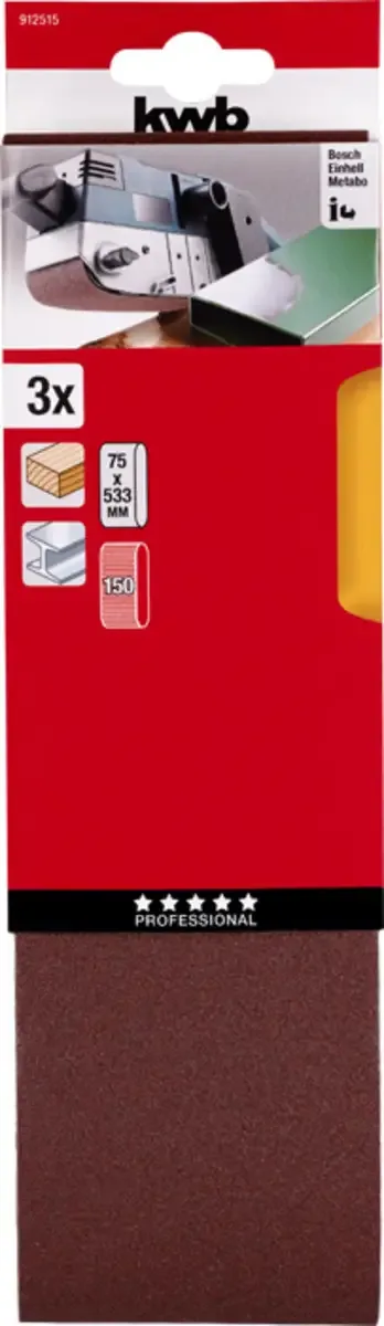 kwb 912515 Slibebånd-sæt Kornstørrelse 150 (L x B) 533 mm x 75 mm 3 stk von KWB – Produktbild 3 von 3