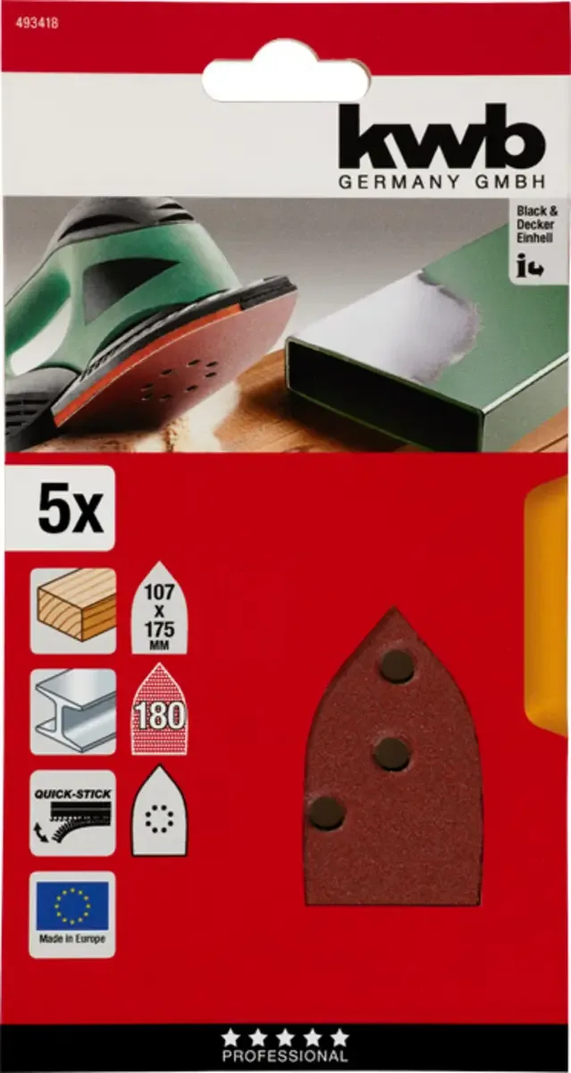 schuurschijf 107 x 175 mm - Korrel 180 - Klittenbandhechting - 493418 - 5 stuks fra KWB – produktbillede 3 af 3