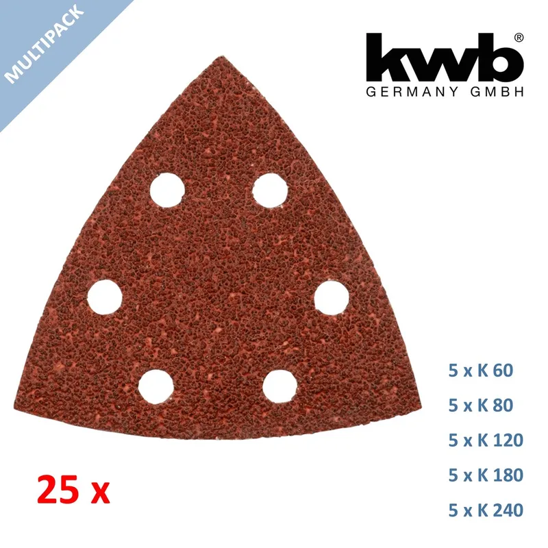 schuurschijf Delta 93 x 93 mm - 5x K60, 5x K80, 5x K120, 5x K180 en 5x K240 - Klittenbandhechting - Voordeelpack 25 stuks de KWB – image du produit