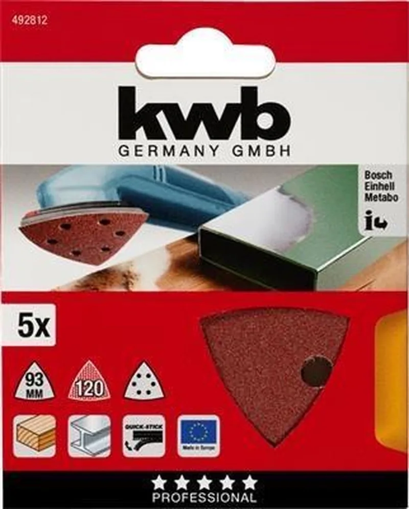 schuurschijf Delta 93 x 93 mm - Korrel 120 - Klittenbandhechting - 492812 - 5 stuks fra KWB – produktbillede 1 af 3