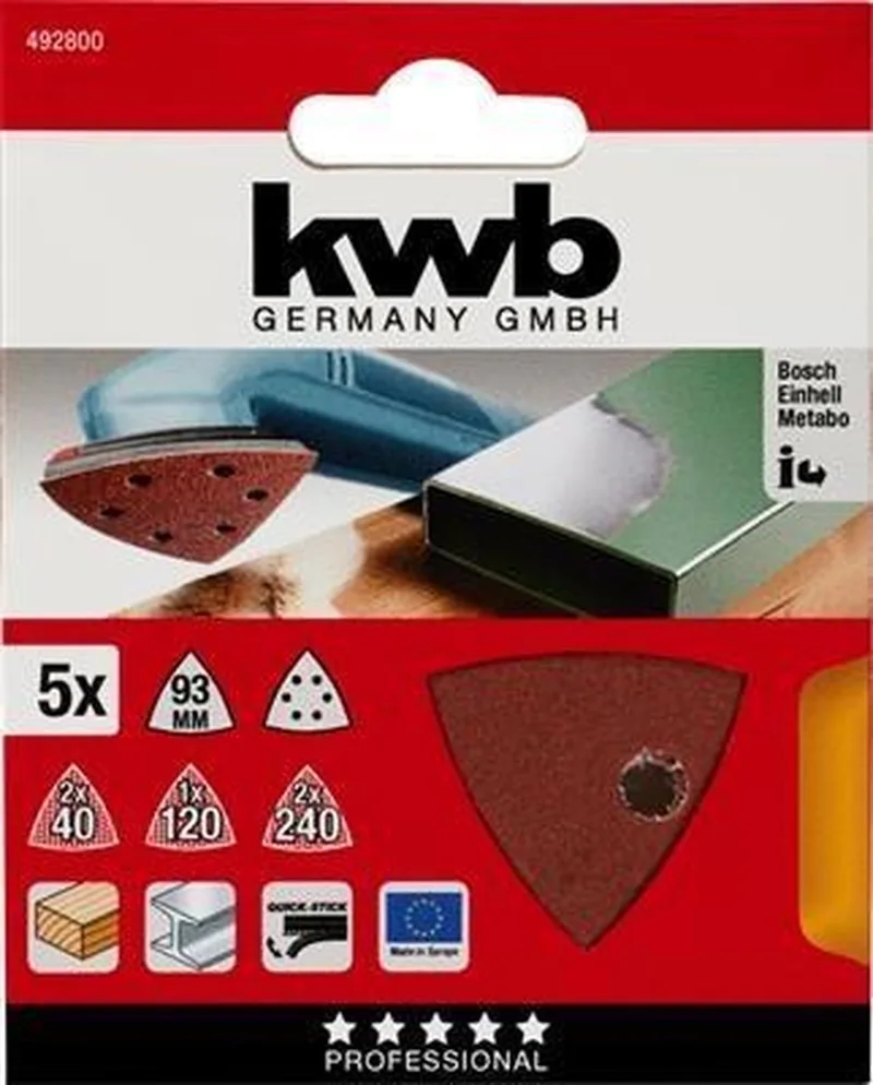 schuurschijf Delta 93 x 93 mm - Korrel 40, 120 en 240 - Klittenbandhechting - 492800 - 5 stuks de KWB – image du produit 1 sur 3