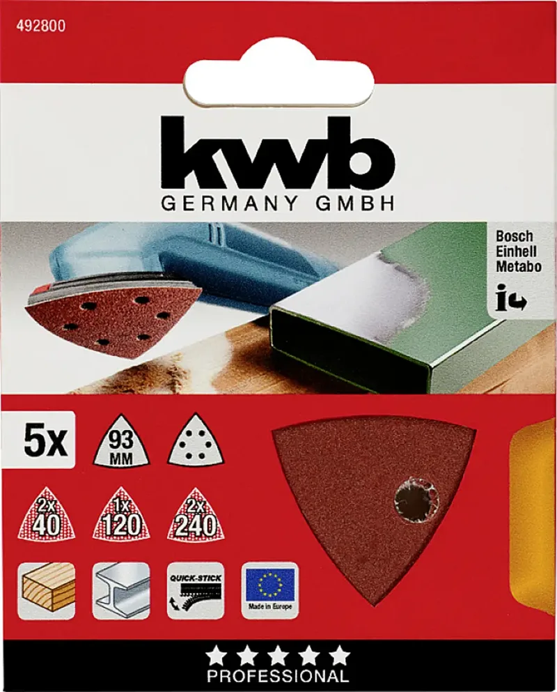 schuurschijf Delta 93 x 93 mm - Korrel 40, 120 en 240 - Klittenbandhechting - 492800 - 5 stuks de KWB – image du produit 3 sur 3