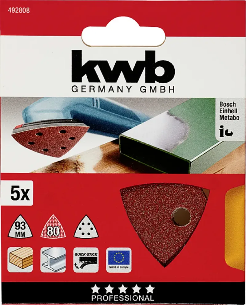 schuurschijf Delta 93 x 93 mm - Korrel 80 - Klittenbandhechting - 492808 - 5 stuks fra KWB – produktbillede 3 af 3