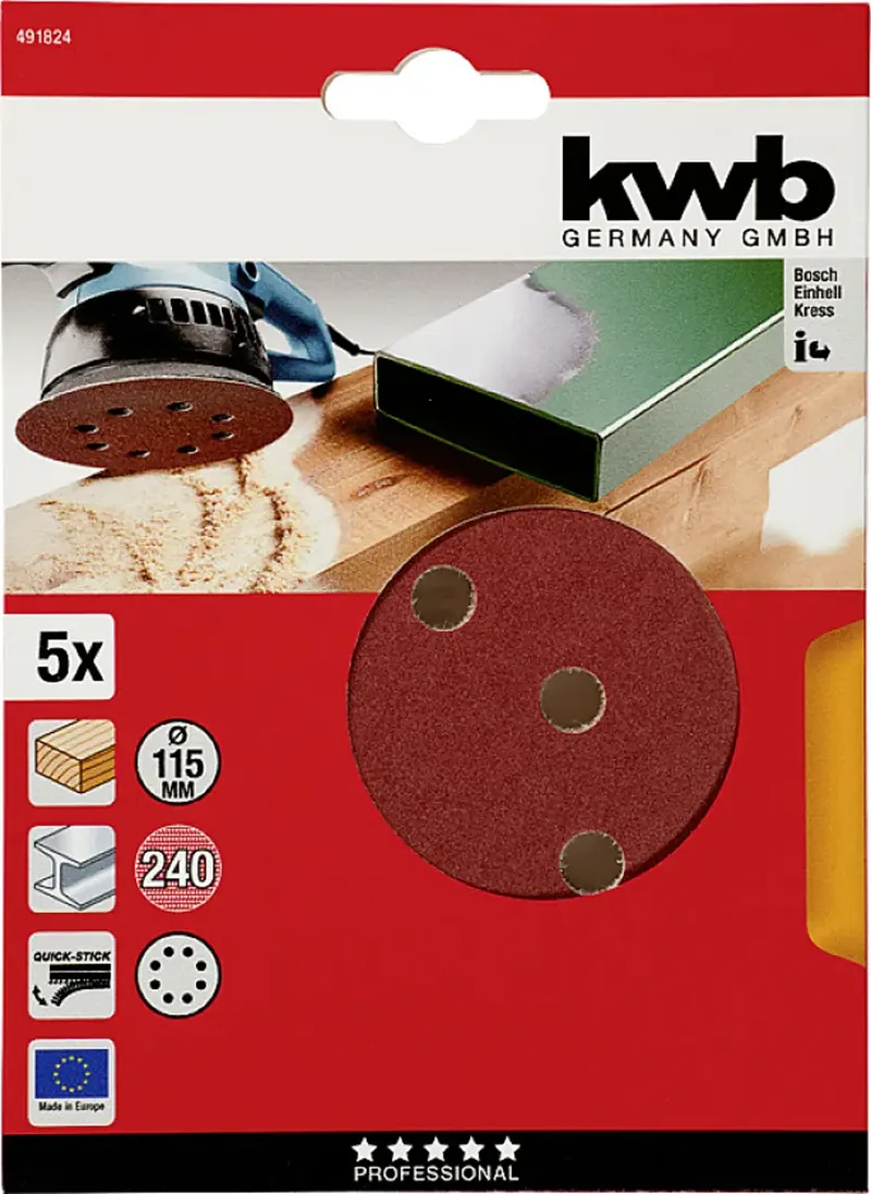 schuurschijf Ø 115 mm - Korrel 240 - Klittenbandhechting - 491824 - 5 stuks fra KWB – produktbillede 3 af 3