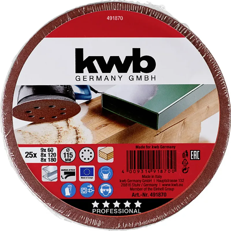 schuurschijf Ø 115 mm - Korrel 60, 120 en 180 - Klittenbandhechting - 491870 - 25 stuks fra KWB – produktbillede 3 af 3