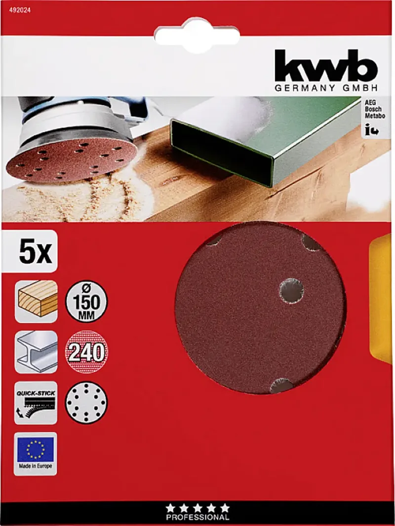 schuurschijf Ø 150 mm - Korrel 240 - Klittenbandhechting - 492024 - 5 stuks de KWB – image du produit 3 sur 3