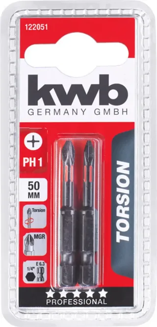torsie bitset - PH1 Phillips 1 - Lengte 50 mm - Hoge torsieweerstand - 122051 - 2 stuks de KWB – image du produit 3 sur 3