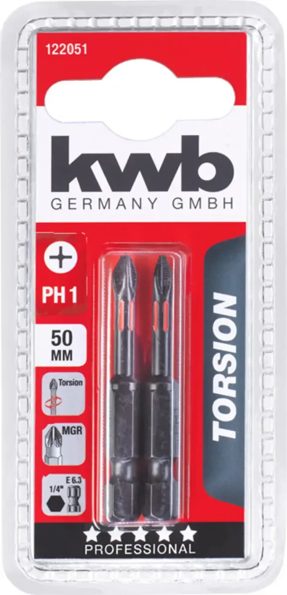 torsie bitset - PH1 Phillips 1 - Lengte 50 mm - Hoge torsieweerstand - 122051 - 2 stuks de KWB – image du produit 3 sur 3