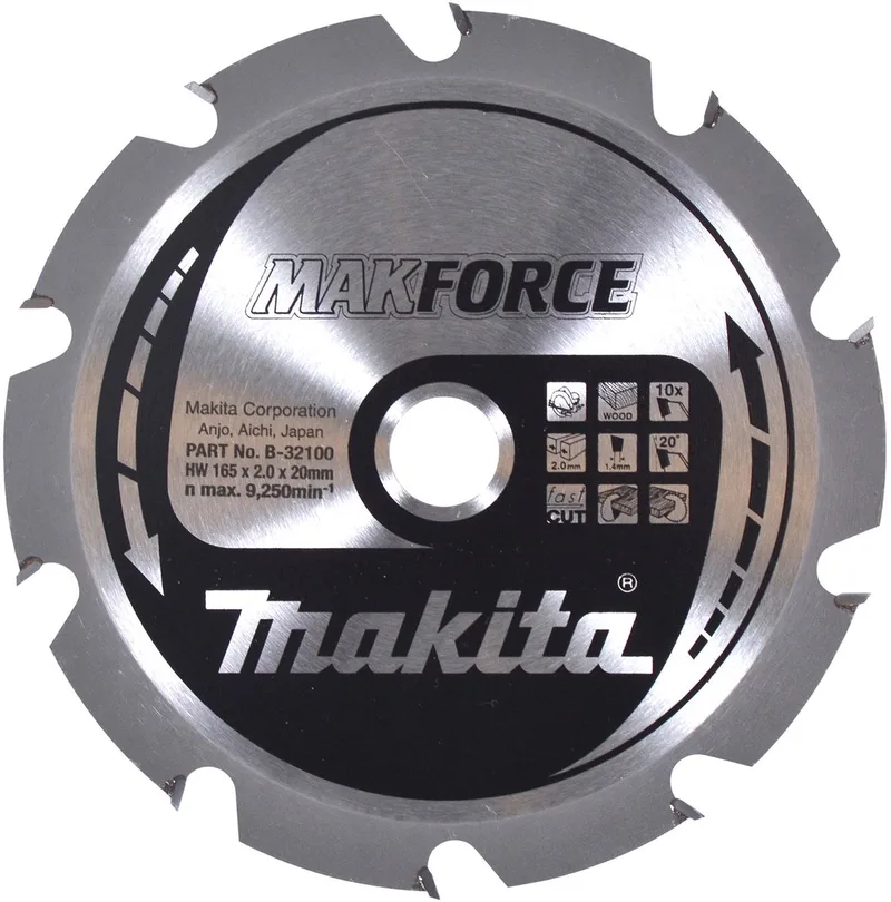165 x 20 mm 10-tands Cirkelzaagblad Hout | Makforce - B-32100 de Makita – image du produit