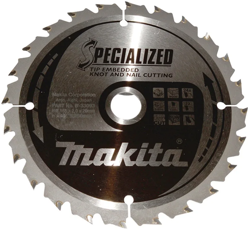 165 x 20 mm 24-tands Cirkelzaagblad Hout (noest/spijker) | Specialized - B-33093 fra Makita – produktbillede