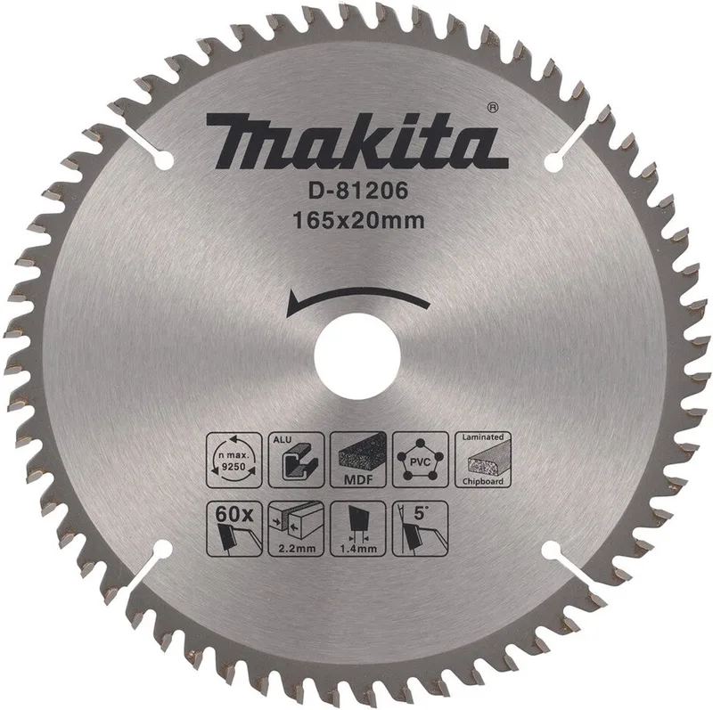 165 x 20 mm 60-tands Cirkelzaagblad diverse materialen - D-81206 de Makita – image du produit