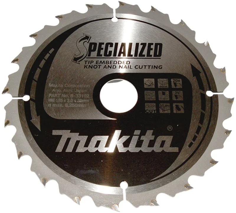 185 x 30 mm 20-tands Cirkelzaagblad Hout (noest/spijker) | Embedded Tip - B-33102 de Makita – image du produit