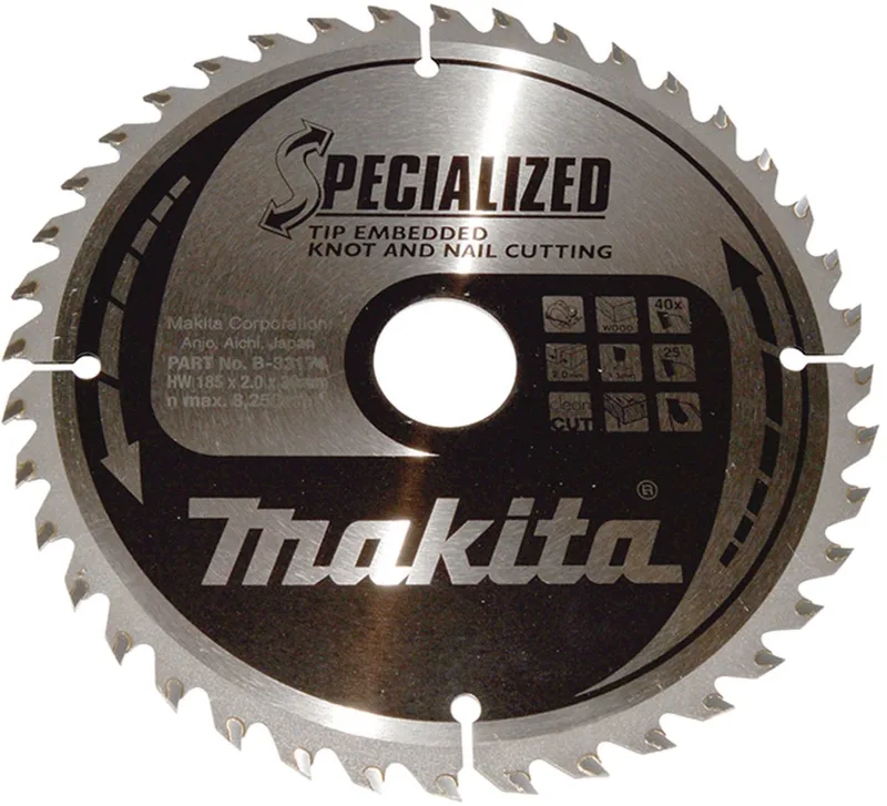 185 x 30 mm 40-tands Cirkelzaagblad Hout (noest/spijker) | Embedded Tip - B-33174 de Makita – image du produit