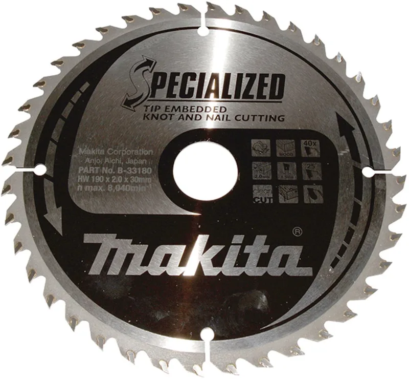 190 x 30 mm 40-tands Cirkelzaagblad Hout (noest/spijker) | Embedded Tip - B-33180 by Makita – product image