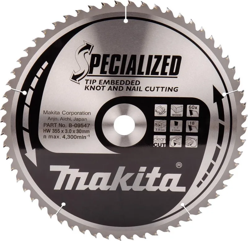 355 x 30 mm 60-tands Cirkelzaagblad Hout (noest/spijker) | Embedded Tip - B-09547 de Makita – image du produit