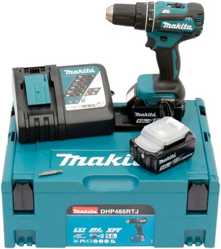 Akku-Schlagbohrschrauber DHP485RTJ, max. 1900 U/min, mit 2 Akkus 18 V/5 Ah und Ladegerät, inkl. Aufbewahrungskoffer von Makita, Blau, Schwarz – Produktbild 1 von 5