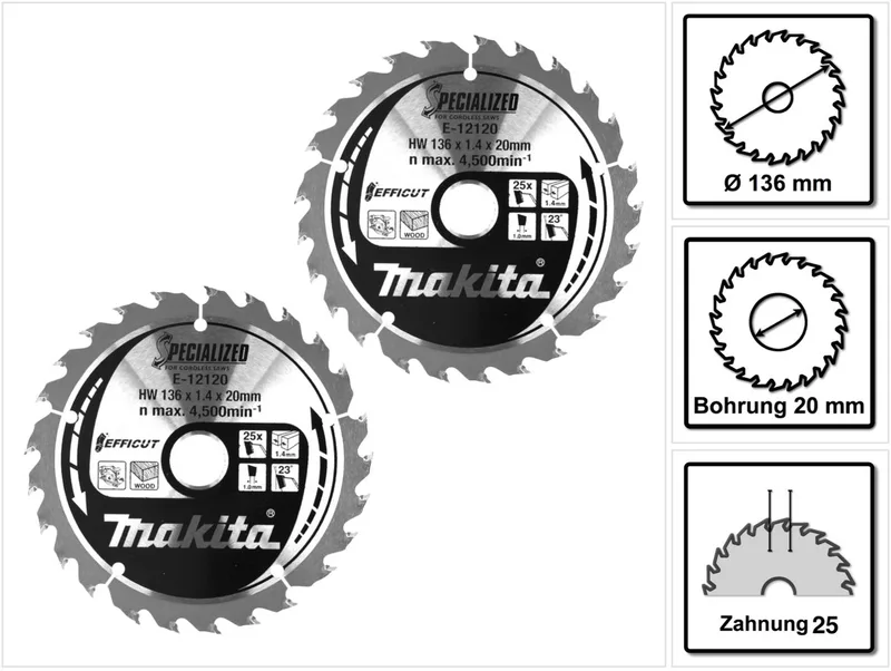 CCM13625E SPECIALIZED EFFICUT zaagblad 2 stuks (2x E-12120) 136 x 1,4 x 20 mm 25 tanden voor hout von Makita – Produktbild