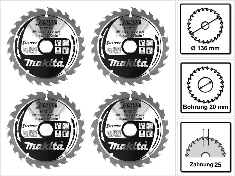 CCM13625E SPECIALIZED EFFICUT zaagblad 4 stuks (4x E-12120) 136 x 1,4 x 20 mm 25 tanden voor hout de Makita – image du produit