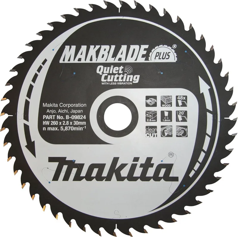 Cirkelzaagblad voor Hout | Makblade-Plus | Ø 260mm Asgat 30mm 48T - B-09824 fra Makita – produktbillede