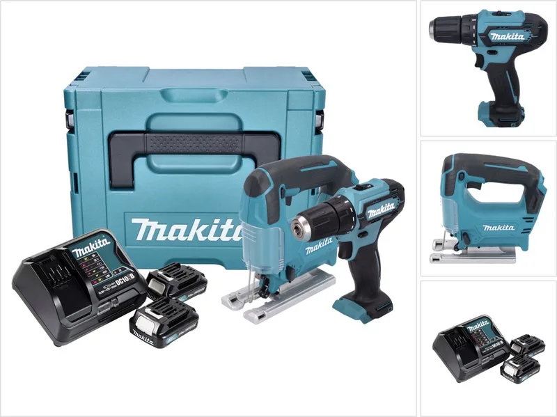 CLX237SAJ 12 Volt MAX Accu-schroevendraaier- en decoupeerzaag set met 2x accu en lader in MBOX CLX237SAJ = DF333DZ + JV101DZ 2x BL1021B + lader van Makita – productafbeelding