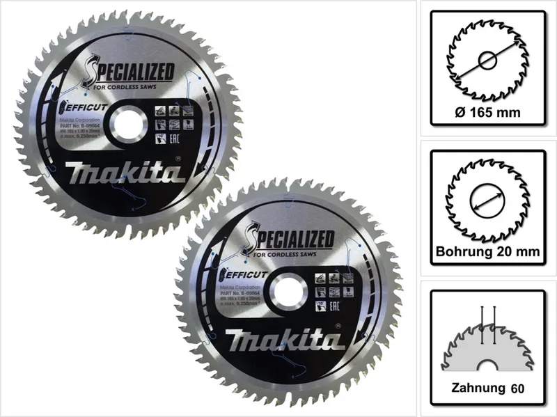 CMSF16560E SPECIALIZED EFFICUT zaagblad 165 x 1,85 x 20 mm 2 stuks ( 2x B-69864 ) 60 tanden voor hout de Makita – image du produit