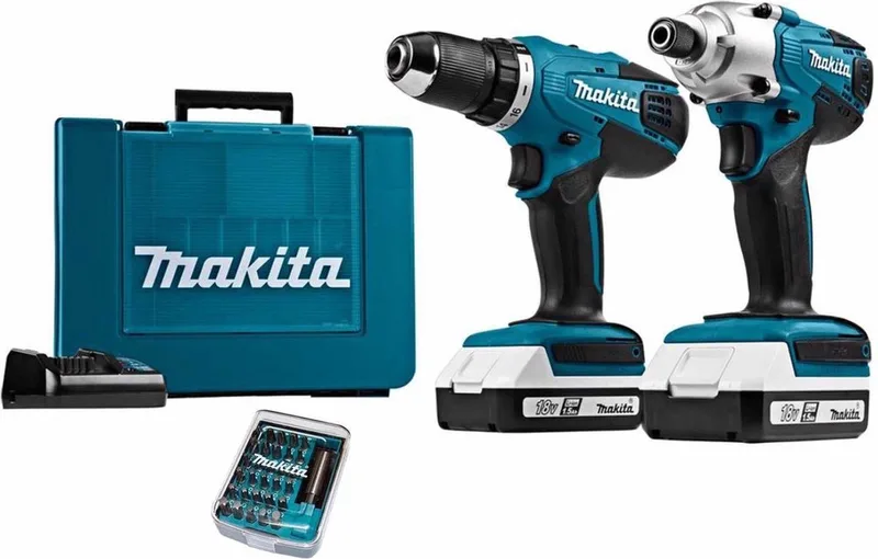 combi kit DK18354X1 – Accuboor & slagschroefmachine – incl. 2 accu’s + bitsetje 31-delig von Makita – Produktbild