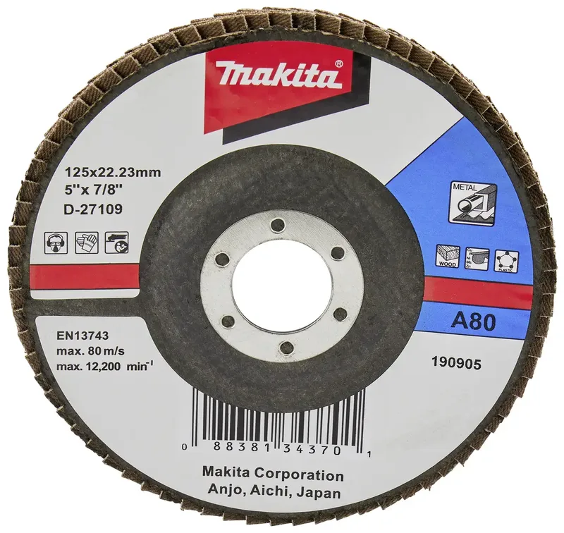 D-27109 D-27109 Fächerschleifscheibe Durchmesser 125 mm Bohrungs-Ø 22.23 mm Körnung (num) 80 Stahl 1 St. van Makita – productafbeelding