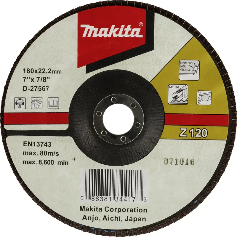 D-27567 Fächerschleifscheibe Durchmesser 180 mm Körnung (num)=120 1 St. von Makita – Produktbild