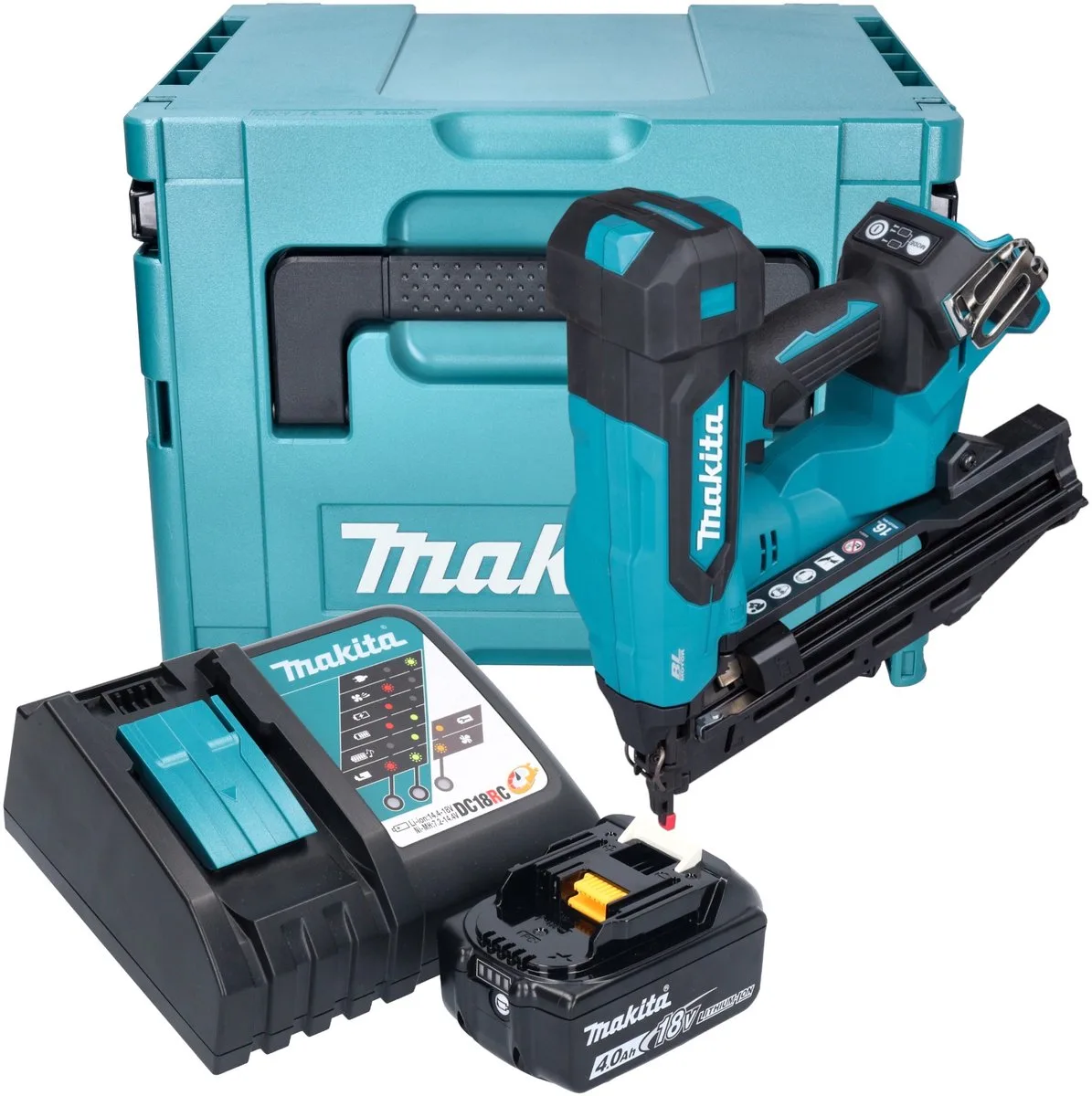 DBN 610 RM1J accu spijkerapparaat 18 V 32 - 64 mm borstelloos + 1x accu 4.0 Ah + lader + Makpac van Makita – productafbeelding